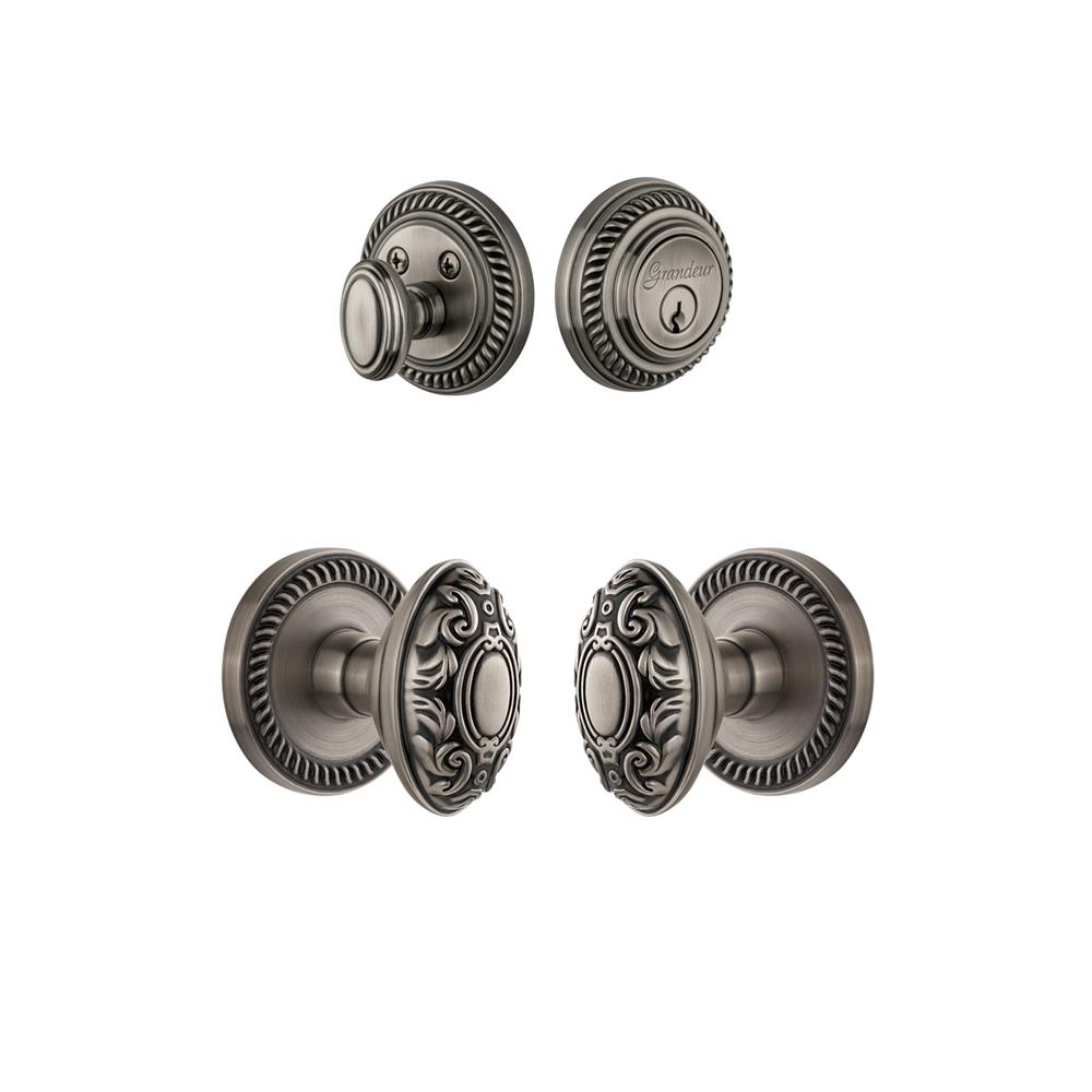Grandeur by Nostalgic Warehouse Single Cylinder Combo Pack Keyed Differently - Newport Rosette with Grande Victorian Knob and Matching Deadbolt in Antique Pewter